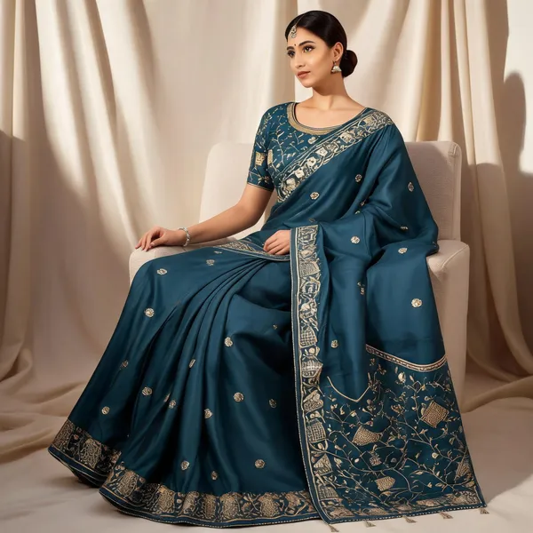 Blue_Chocolate_Silk_Embroidered_Saree_With_Blouse_Piece_For_Women