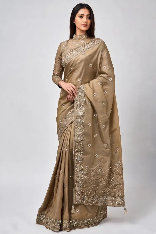 Taupe_Chocolate_Silk_Embroidered_Saree_With_Blouse_Piece_For_Women