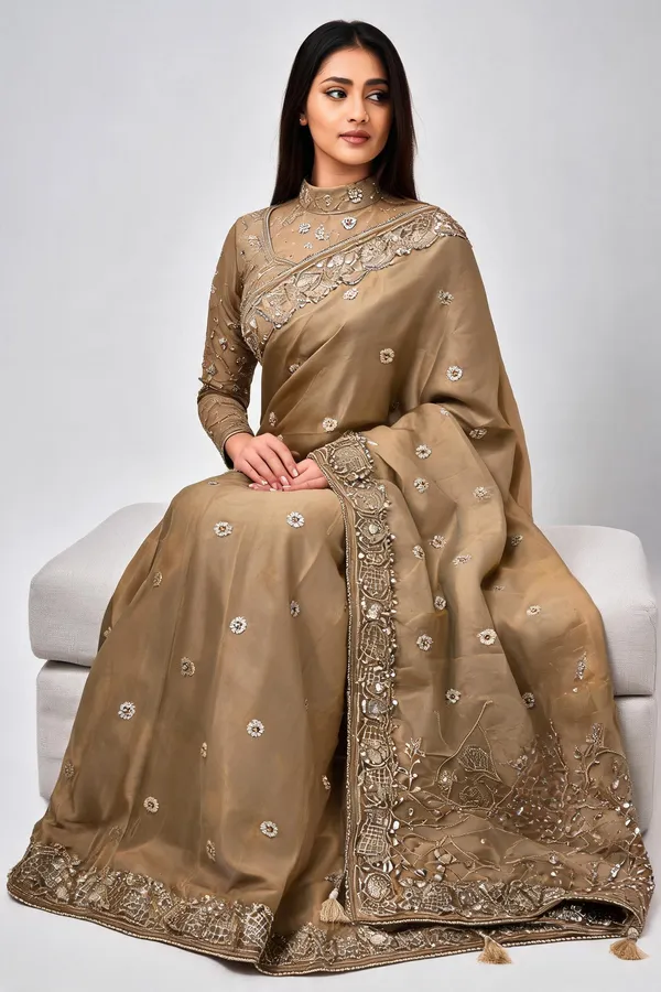 Taupe_Chocolate_Silk_Embroidered_Saree_With_Blouse_Piece_For_Women