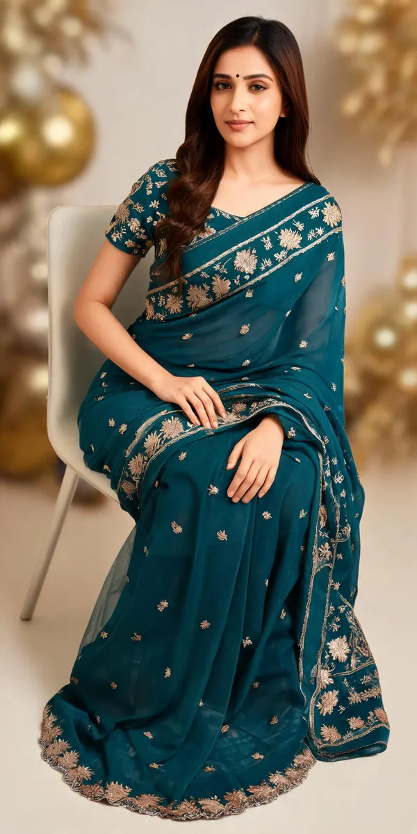 Teal_Frendi_Floral_Embroidered_Saree_With_Blouse_Piece_For_Women