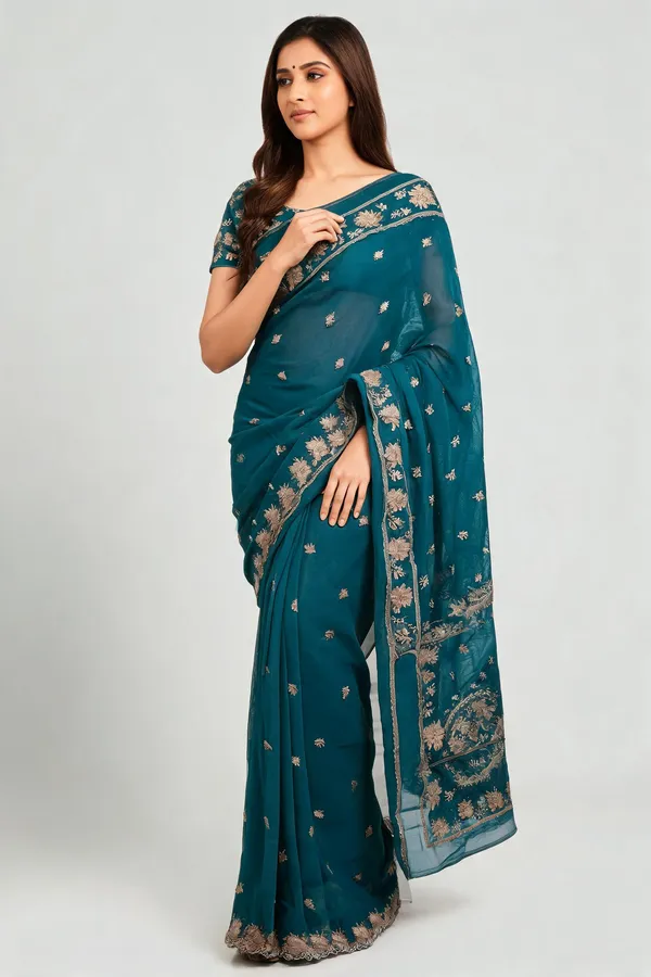 Teal_Frendi_Floral_Embroidered_Saree_With_Blouse_Piece_For_Women