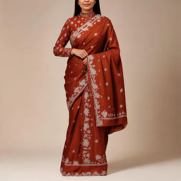 Rust_Frendi_Floral_Embroidered_Saree_With_Blouse_Piece_For_Women