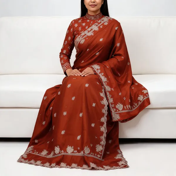 Rust_Frendi_Floral_Embroidered_Saree_With_Blouse_Piece_For_Women
