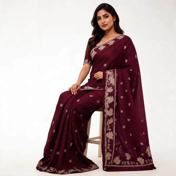 Maroon_Frendi_Embroidered_Saree_With_Blouse_Piece_For_Women