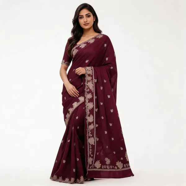 Maroon_Frendi_Embroidered_Saree_With_Blouse_Piece_For_Women