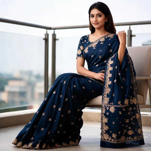 Navy_Blue_Frendi_Embroidered_Saree_With_Blouse_Piece_For_Women