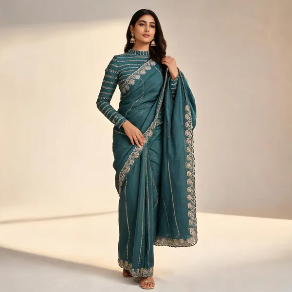 Teal_Moss_Embroidered_Saree_With_Blouse_Piece_For_Women
