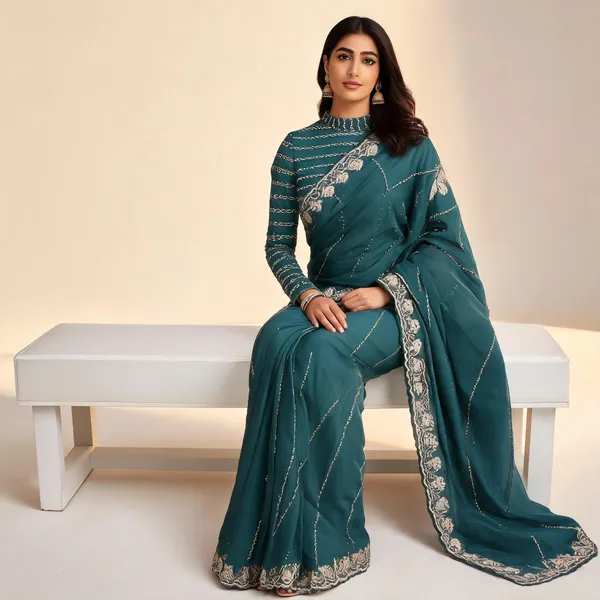 Teal_Moss_Embroidered_Saree_With_Blouse_Piece_For_Women