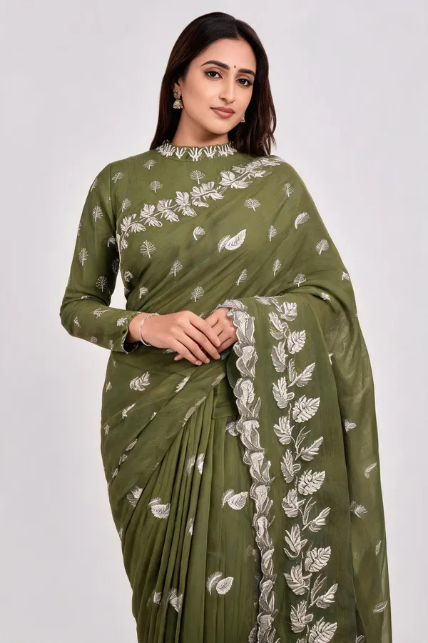 Olive_Green_Nc_Chiffon_Embroidered_Saree_With_Blouse_Piece_For_Women