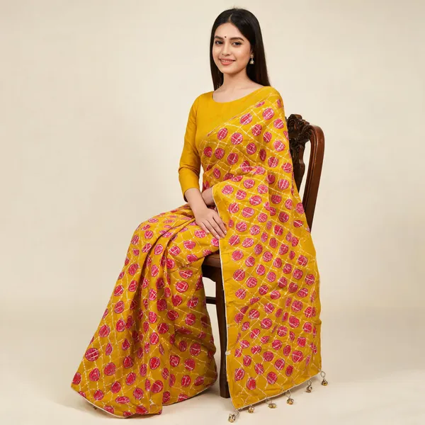 Yellow_Patola_Jaal_Printed_Saree_With_Blouse_Piece_For_Women