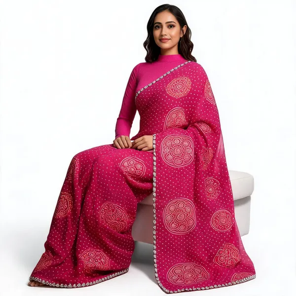 Pink_Bandhej_Georgette_Floral_Saree_With_Blouse_Piece_For_Women