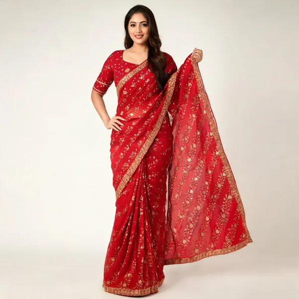 Red_60-60_Georgette_Floral_Embroidered_Saree_With_Blouse_Piece_For_Women