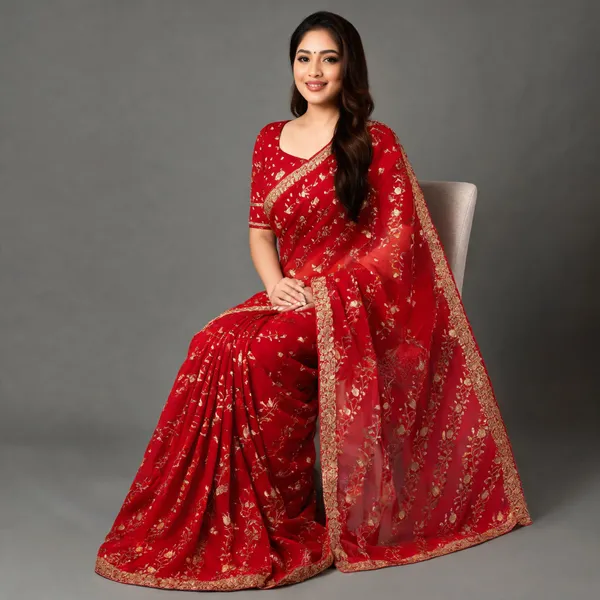 Red_60-60_Georgette_Floral_Embroidered_Saree_With_Blouse_Piece_For_Women