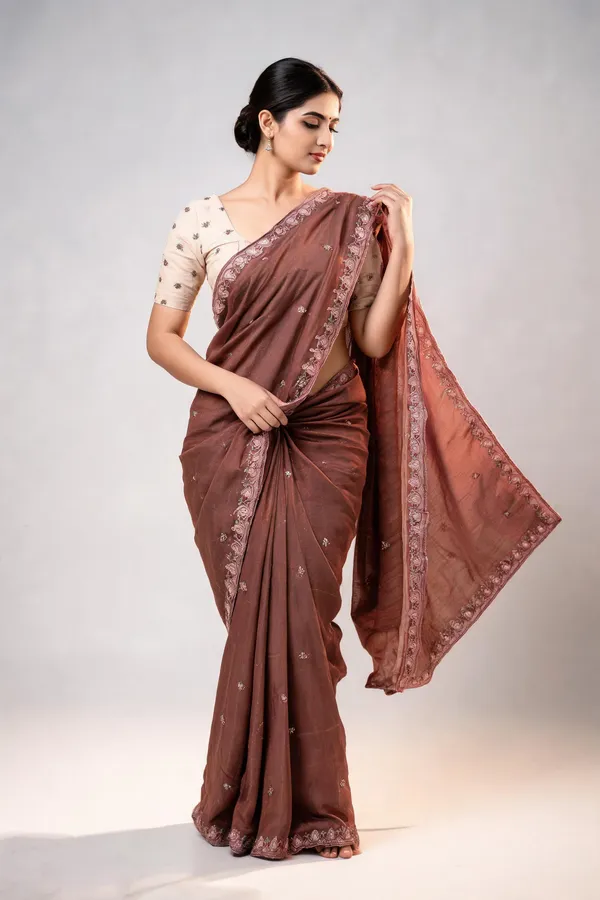 Brown_Silk_Embroidered_Saree_With_Blouse_Piece_For_Women
