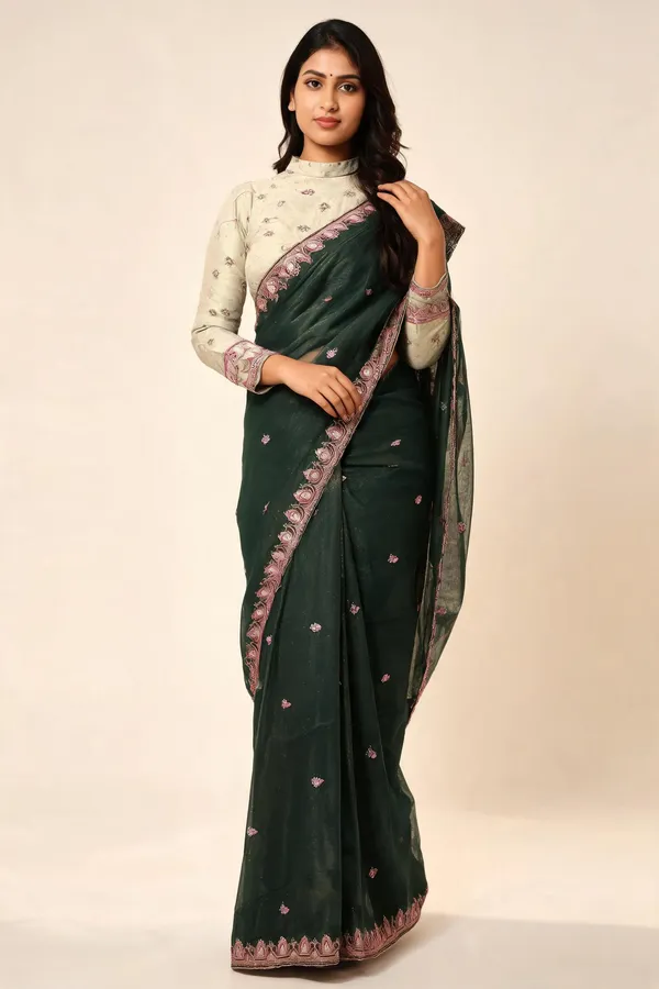 Green_Chocolate_Silk_Floral_Border_Saree_With_Blouse_Piece_For_Women