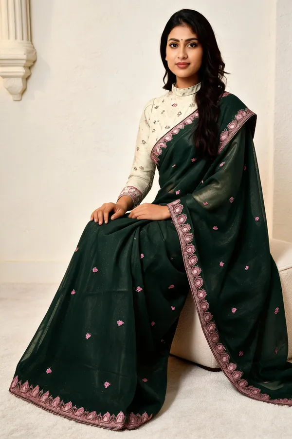 Green_Chocolate_Silk_Floral_Border_Saree_With_Blouse_Piece_For_Women