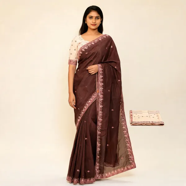 Brown_Silk_Embroidered_Saree_With_Blouse_Piece_For_Women