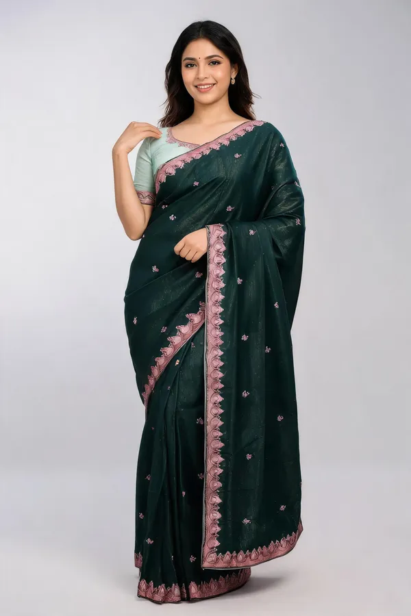Green_Chocolate_Silk_Floral_Embroidered_Saree_With_Blouse_Piece_For_Women