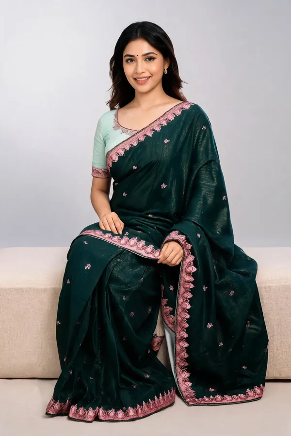 Green_Chocolate_Silk_Floral_Embroidered_Saree_With_Blouse_Piece_For_Women