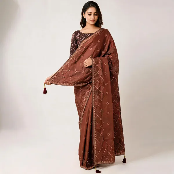 Brown_Chocolate_Handwork_Embroidered_Saree_With_Blouse_Piece_For_Women