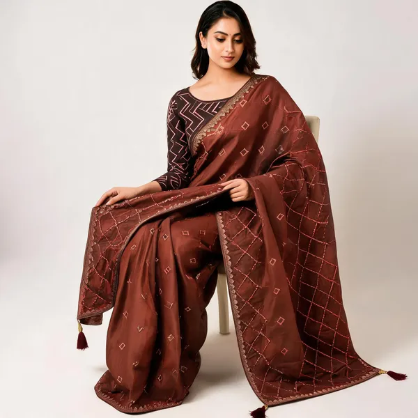 Brown_Chocolate_Handwork_Embroidered_Saree_With_Blouse_Piece_For_Women