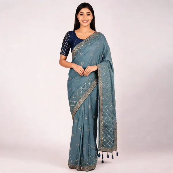 Blue_Chocolate_Handwork_Embroidered_Saree_With_Blouse_Piece_For_Women