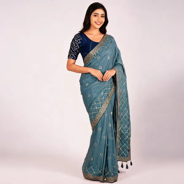Blue_Chocolate_Handwork_Embroidered_Saree_With_Blouse_Piece_For_Women