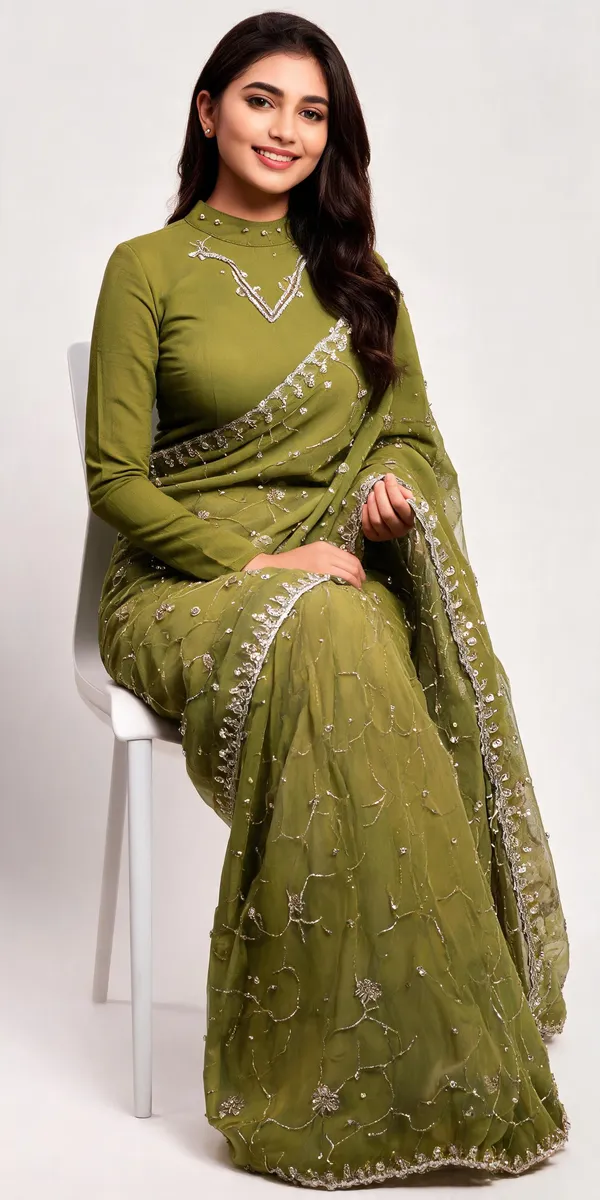 Olive_Green_Blooming_Chiffon_Embroidered_Saree_With_Blouse_Piece_For_Women
