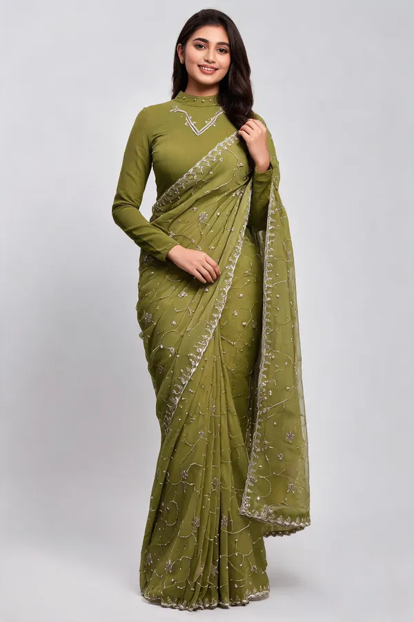Olive_Green_Blooming_Chiffon_Embroidered_Saree_With_Blouse_Piece_For_Women