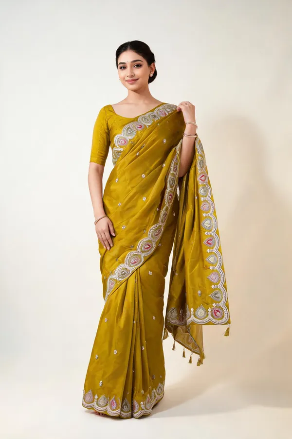 Mustard_H.O_Silk_Embellished_Saree_With_Blouse_Piece_For_Women