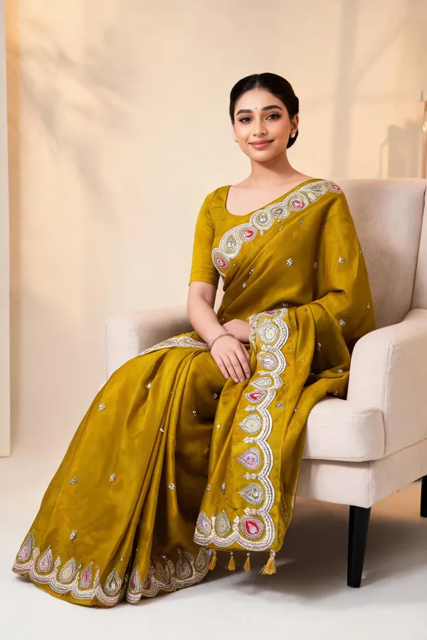 Mustard_H.O_Silk_Embellished_Saree_With_Blouse_Piece_For_Women
