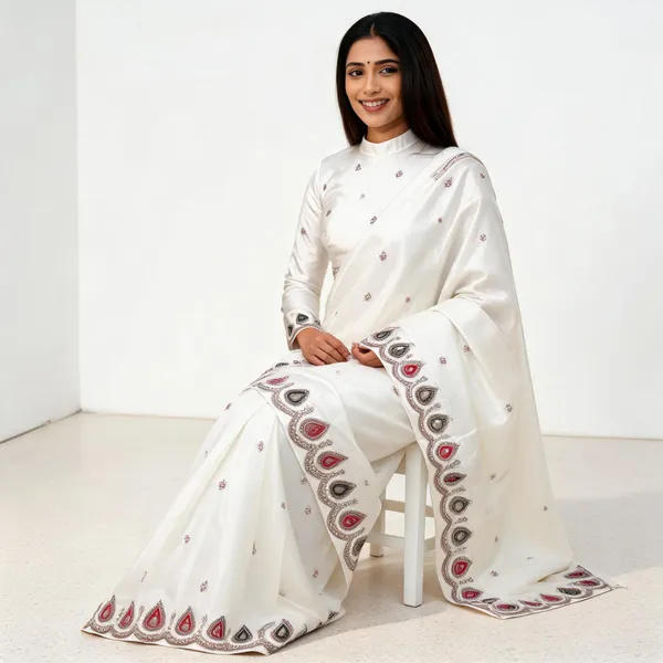 White_H.O_Silk_Embroidered_Saree_With_Blouse_Piece_For_Women