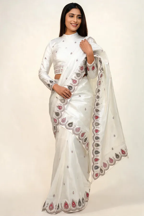 White_H.O_Silk_Embroidered_Saree_With_Blouse_Piece_For_Women