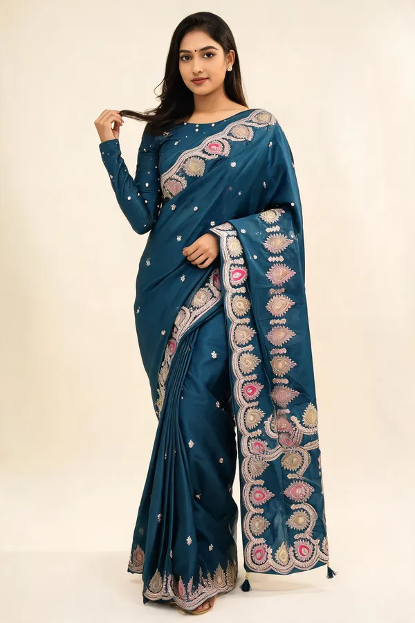 Blue_H.O_Silk_Embellished_Saree_With_Blouse_Piece_For_Women