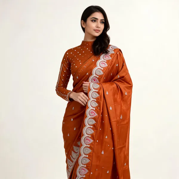 Orange_H.O_Silk_Embellished_Saree_With_Blouse_Piece_For_Women