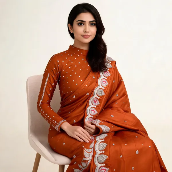 Orange_H.O_Silk_Embellished_Saree_With_Blouse_Piece_For_Women