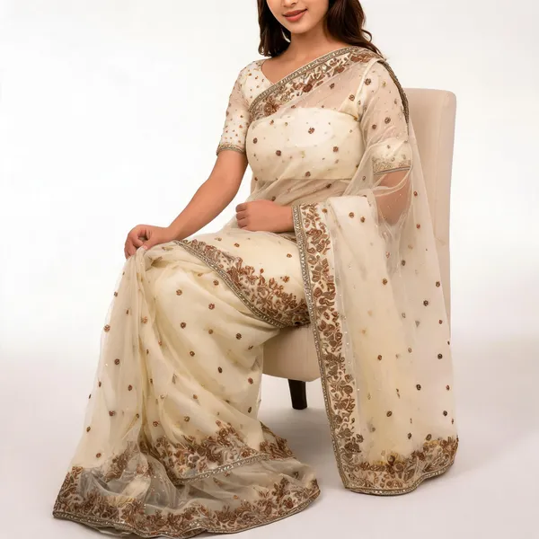 Cream_Frendy_Silk_Net_Embroidered_Saree_With_Blouse_Piece_For_Women