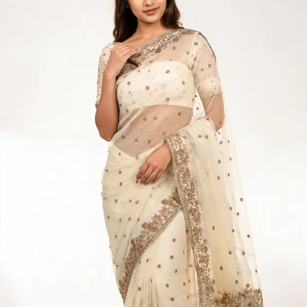 Cream_Frendy_Silk_Net_Embroidered_Saree_With_Blouse_Piece_For_Women