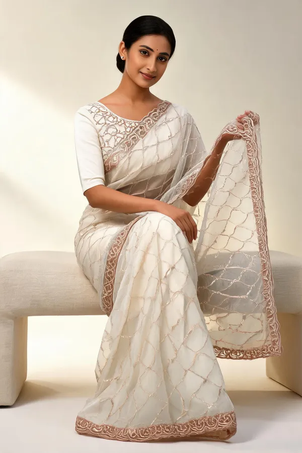 White_Net_Embroidered_Saree_With_Blouse_Piece_For_Women