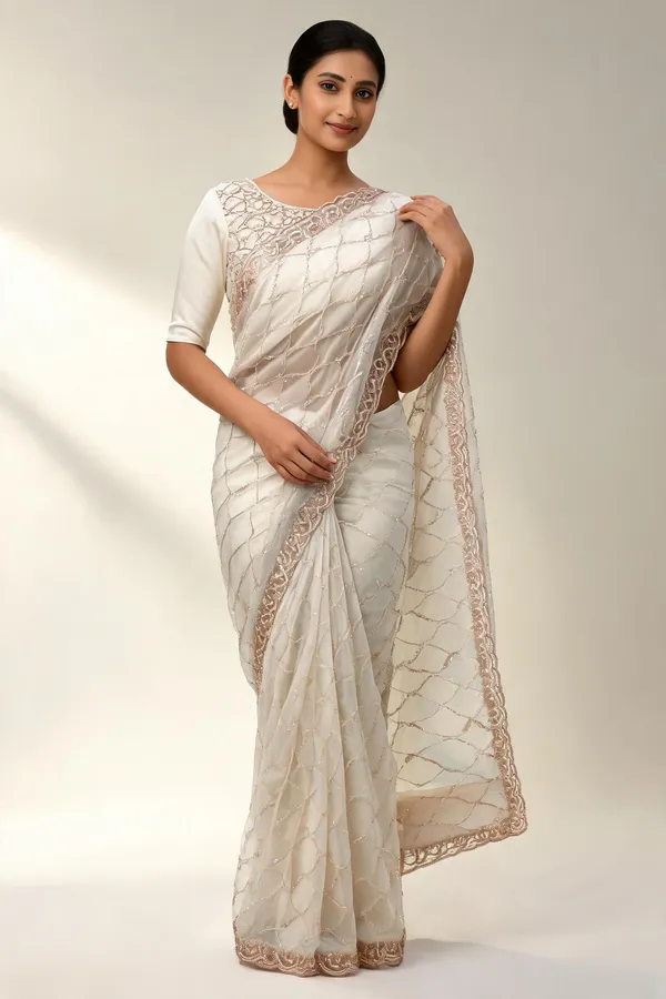 White_Net_Embroidered_Saree_With_Blouse_Piece_For_Women