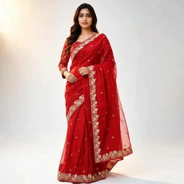Red_Ho_Resham_Embroidered_Saree_With_Blouse_Piece_For_Women