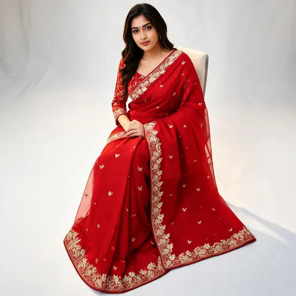 Red_Ho_Resham_Embroidered_Saree_With_Blouse_Piece_For_Women
