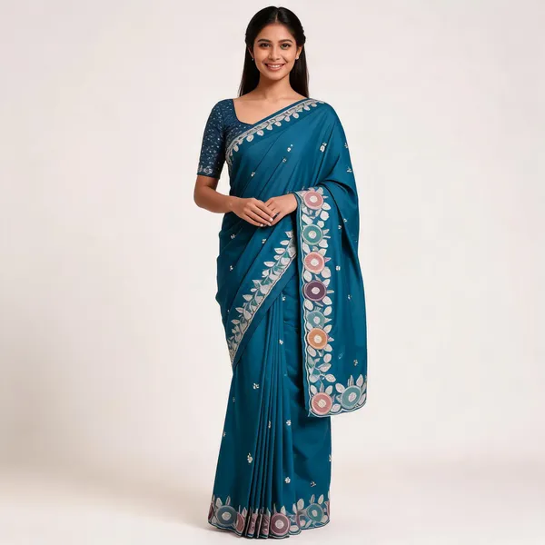 Teal_H.O_Silk_Embroidered_Saree_With_Blouse_Piece_For_Women