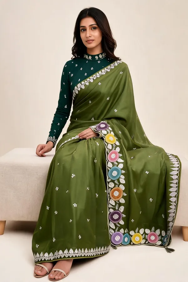Green_H.O_Silk_Embellished_Saree_With_Blouse_Piece_For_Women