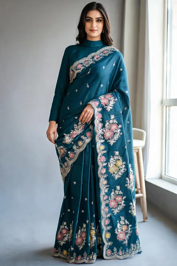 Blue_H.O_Silk_Embroidered_Saree_With_Blouse_Piece_For_Women
