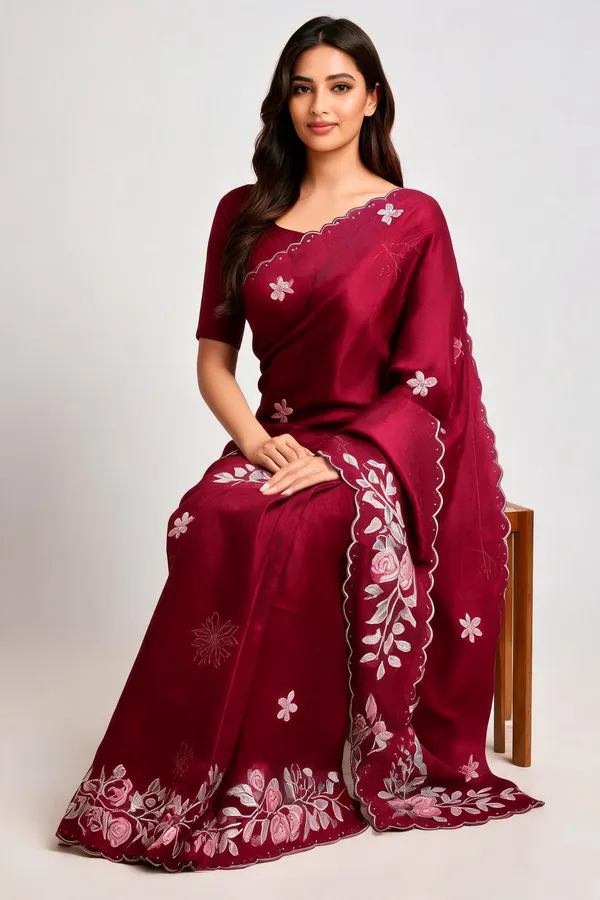 Maroon_Mulberry_Silk_Embroidered_Saree_With_Blouse_Piece_For_Women