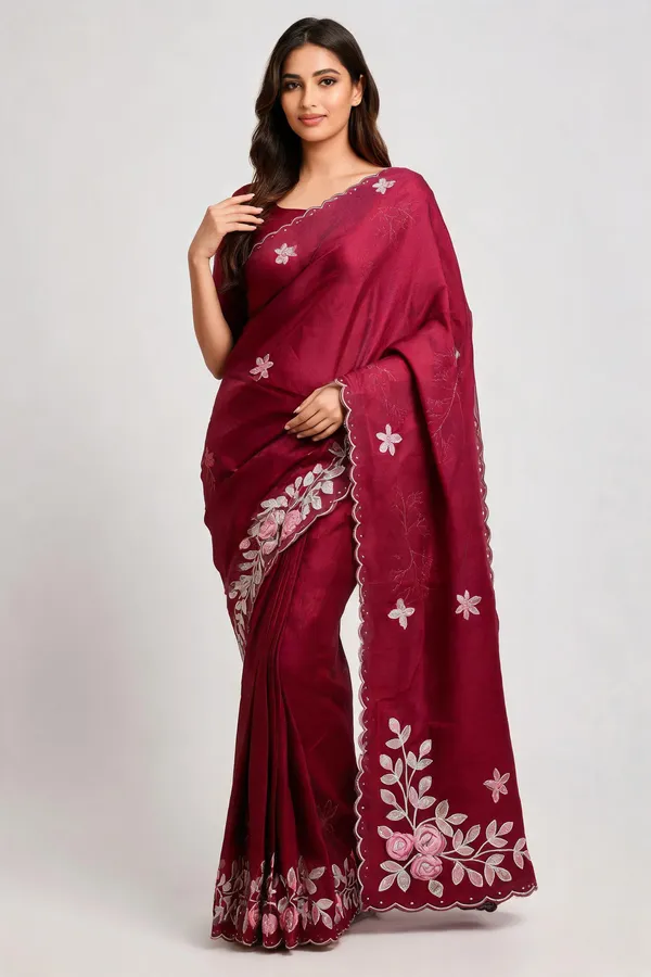 Maroon_Mulberry_Silk_Embroidered_Saree_With_Blouse_Piece_For_Women