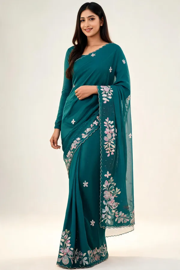 Teal_Mulberry_Silk_Embroidered_Saree_With_Blouse_Piece_For_Women