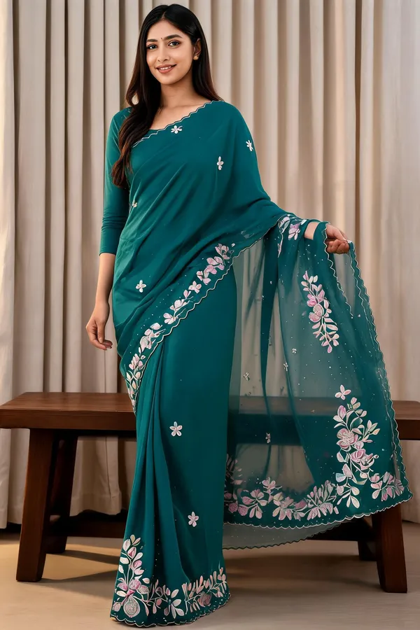 Teal_Mulberry_Silk_Embroidered_Saree_With_Blouse_Piece_For_Women