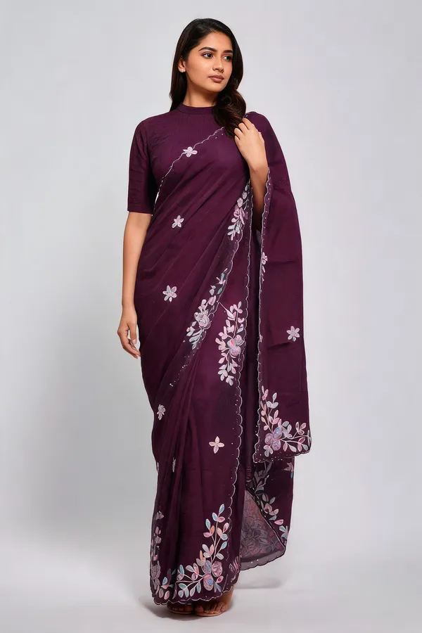 Maroon_Mulberry_Silk_Embroidered_Saree_With_Blouse_Piece_For_Women